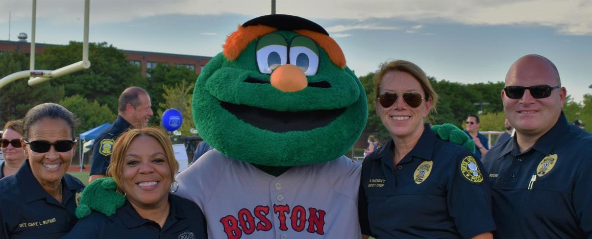 TUPD officers with Wally the Red Sox Mascot