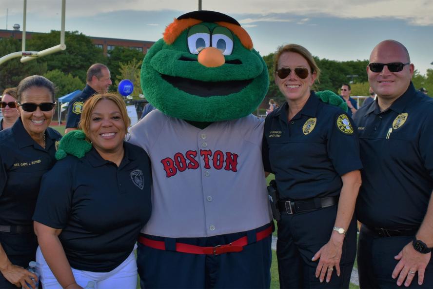 TUPD officers with Wally the Red Sox Mascot