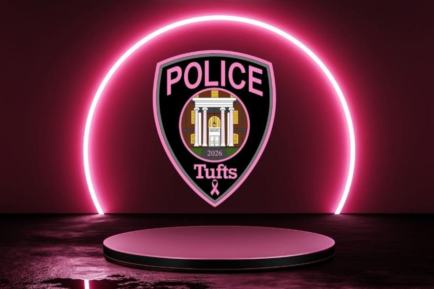 A police patch colored pink on a black and pink background