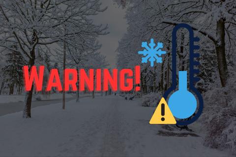 image depicting a cold weather warning with a thermometer and a snowy background