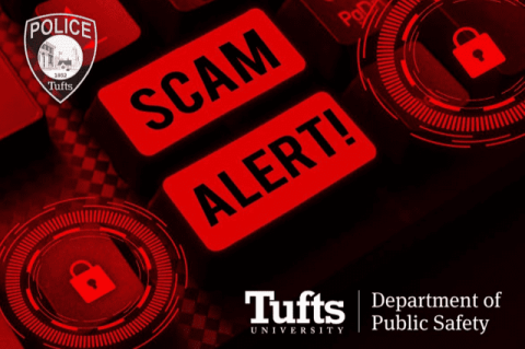 graphic displaying the words "Scam Alert" and the Tufts University Police Department logo