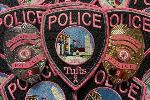 TUPD breast cancer embroidered patches with pink outline.